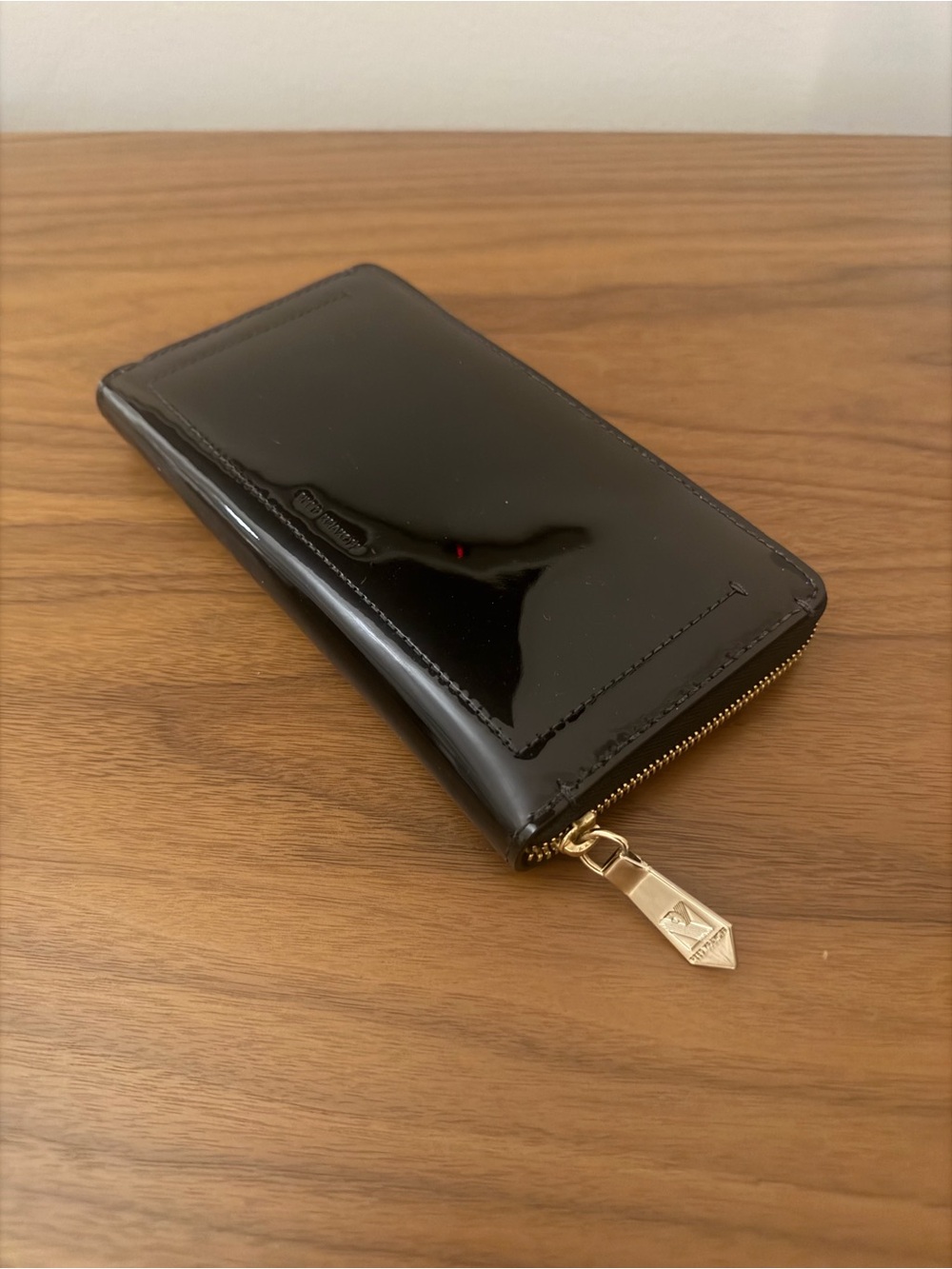 Reed Krakoff Black Patent Zip Wallet with Gold Hardware